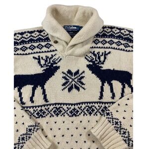 VTG Polo Ralph Lauren Reindeer Fair Isle Shawl Collar Sweater Cream Navy Large